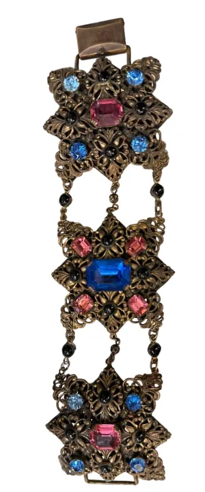 1920's Brass Filigree Bracelet with Pink and Blue Stones