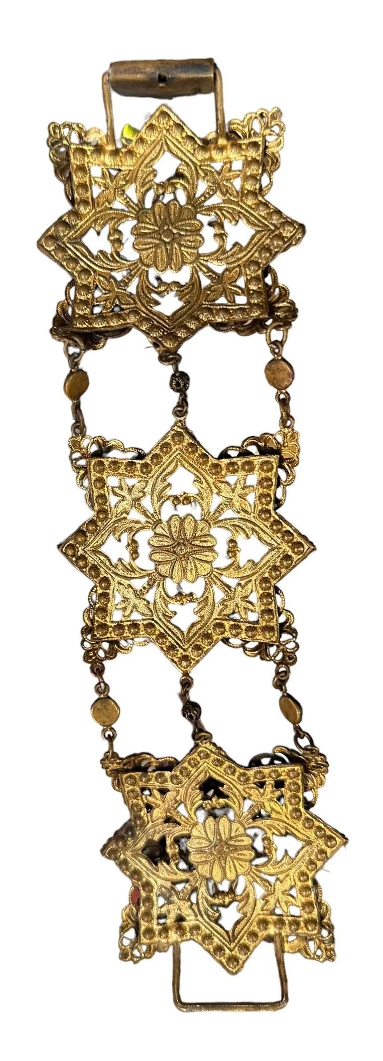 1920's Brass Filigree Bracelet with Pink and Blue Stones