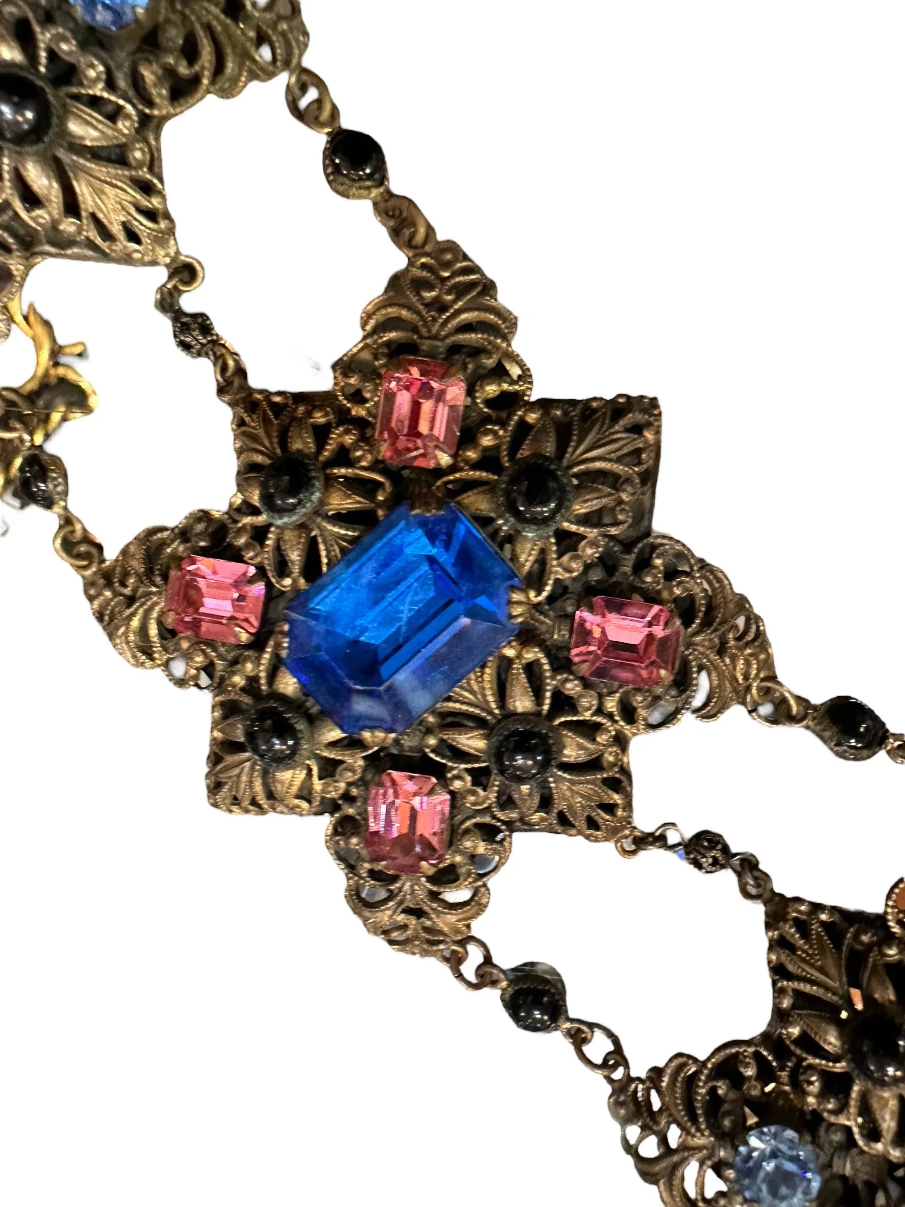 1920's Brass Filigree Bracelet with Pink and Blue Stones