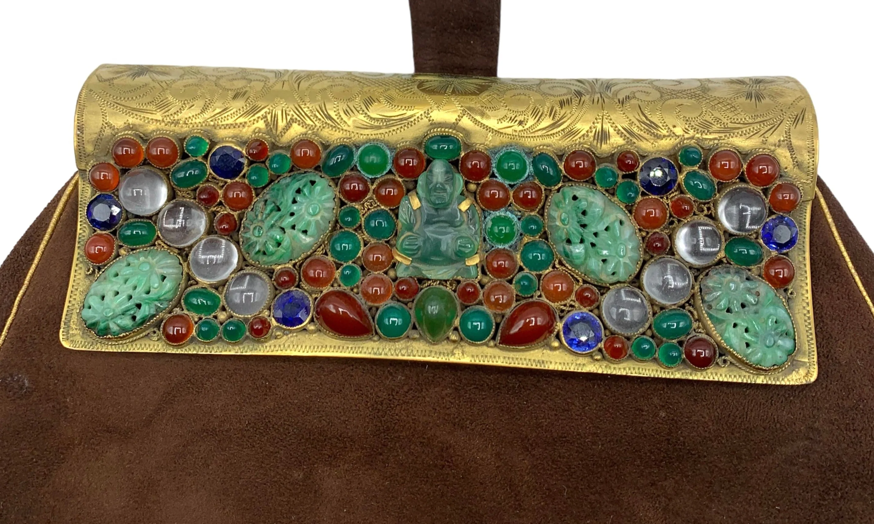 1930's Chocolate Brown Suede Bejeweled Evening Bag with Jade Buddha