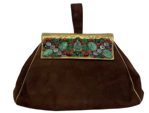 1930's Chocolate Brown Suede Bejeweled Evening Bag with Jade Buddha
