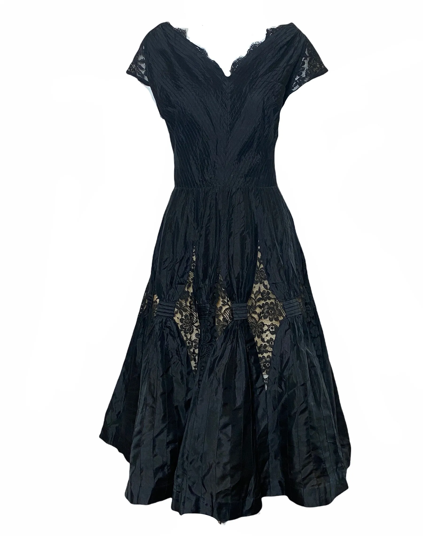 1950's Charles Glueck Black Silk Taffeta Fit and Flare Dress with Lace