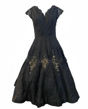 1950's Charles Glueck Black Silk Taffeta Fit and Flare Dress with Lace