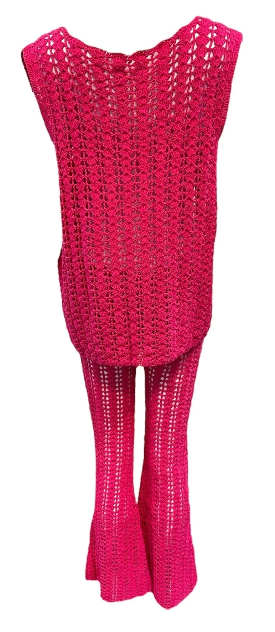 1960's Hot Pink Hand Crochet Pant Suit Ensemble