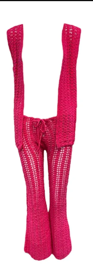 1960's Hot Pink Hand Crochet Pant Suit Ensemble