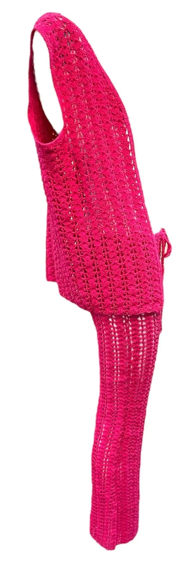 1960's Hot Pink Hand Crochet Pant Suit Ensemble