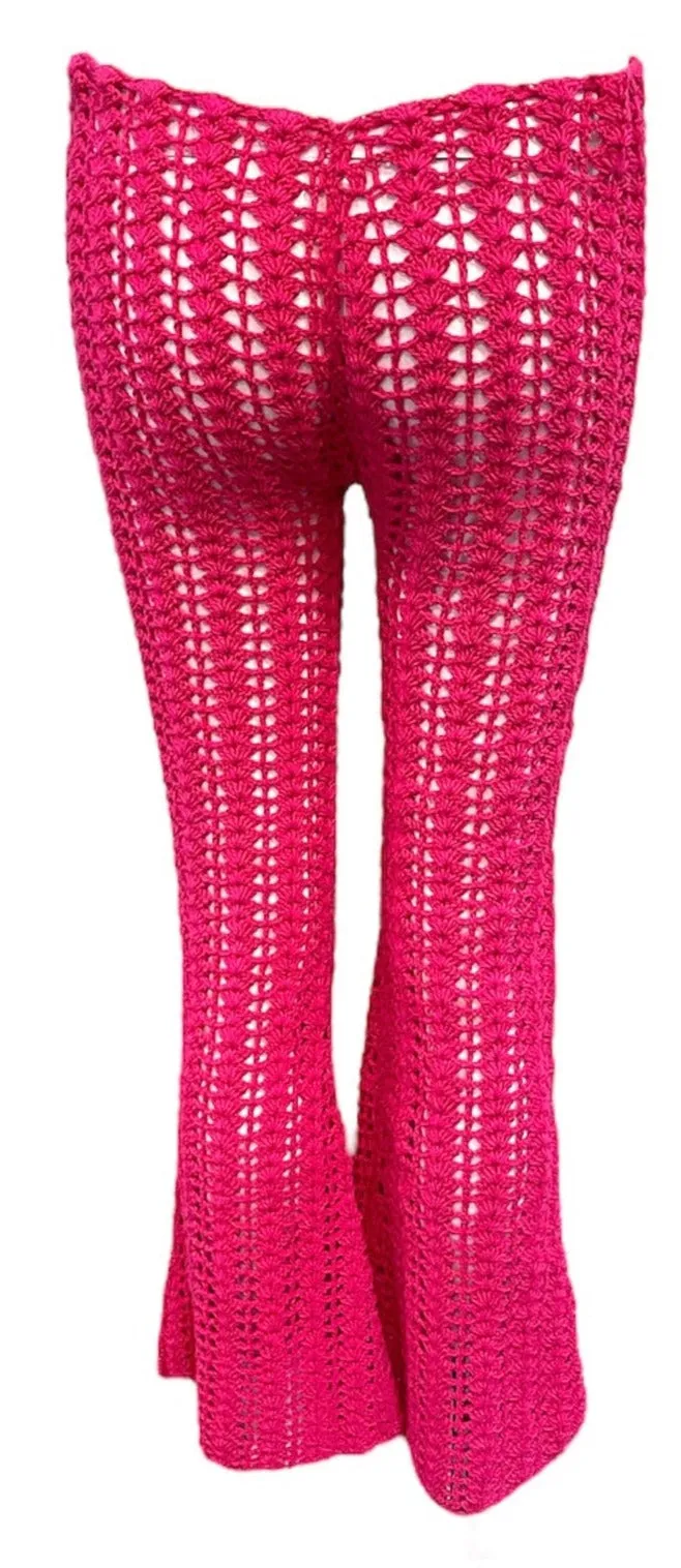 1960's Hot Pink Hand Crochet Pant Suit Ensemble