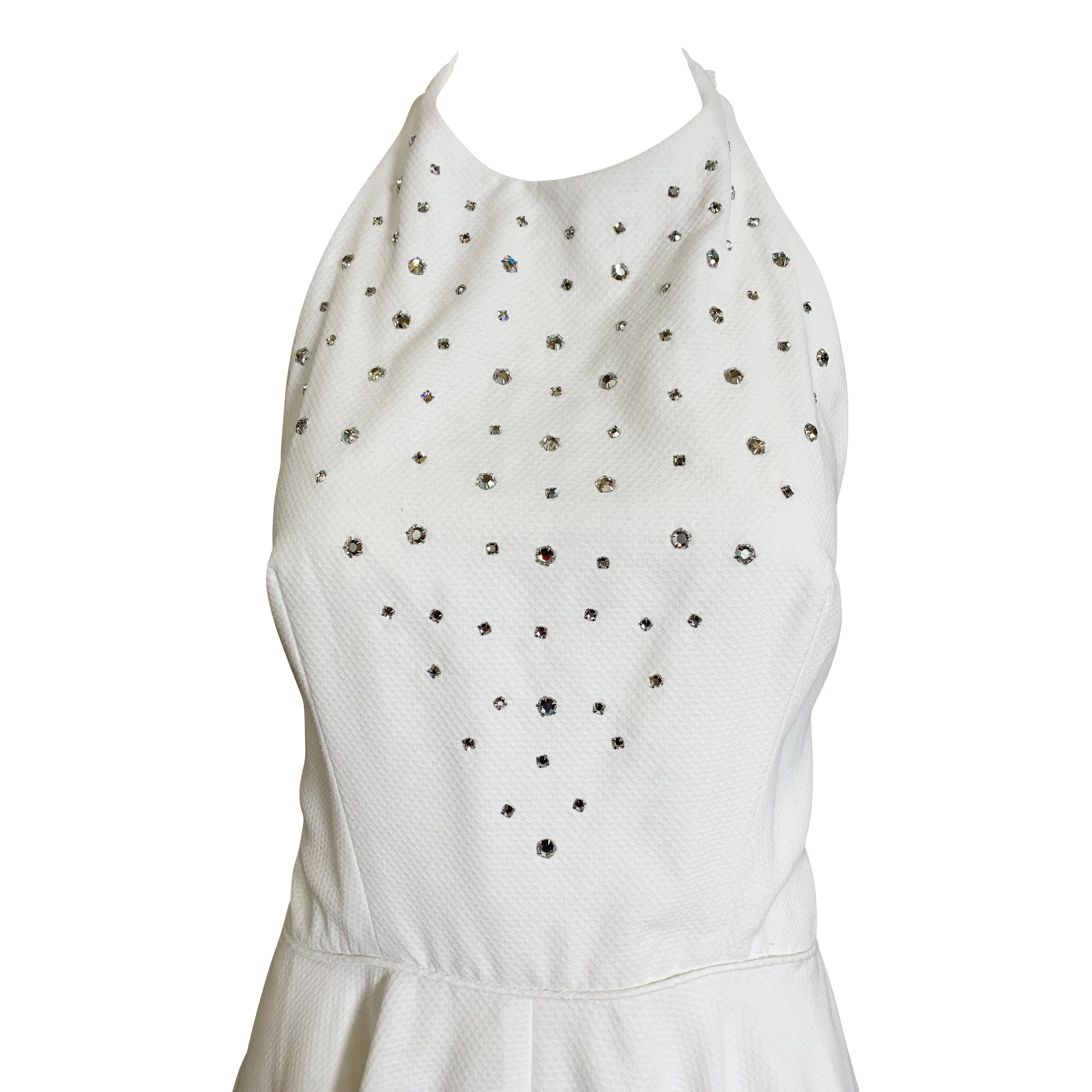 1980's White Pique Halter Party Dress w/ Rhinestones