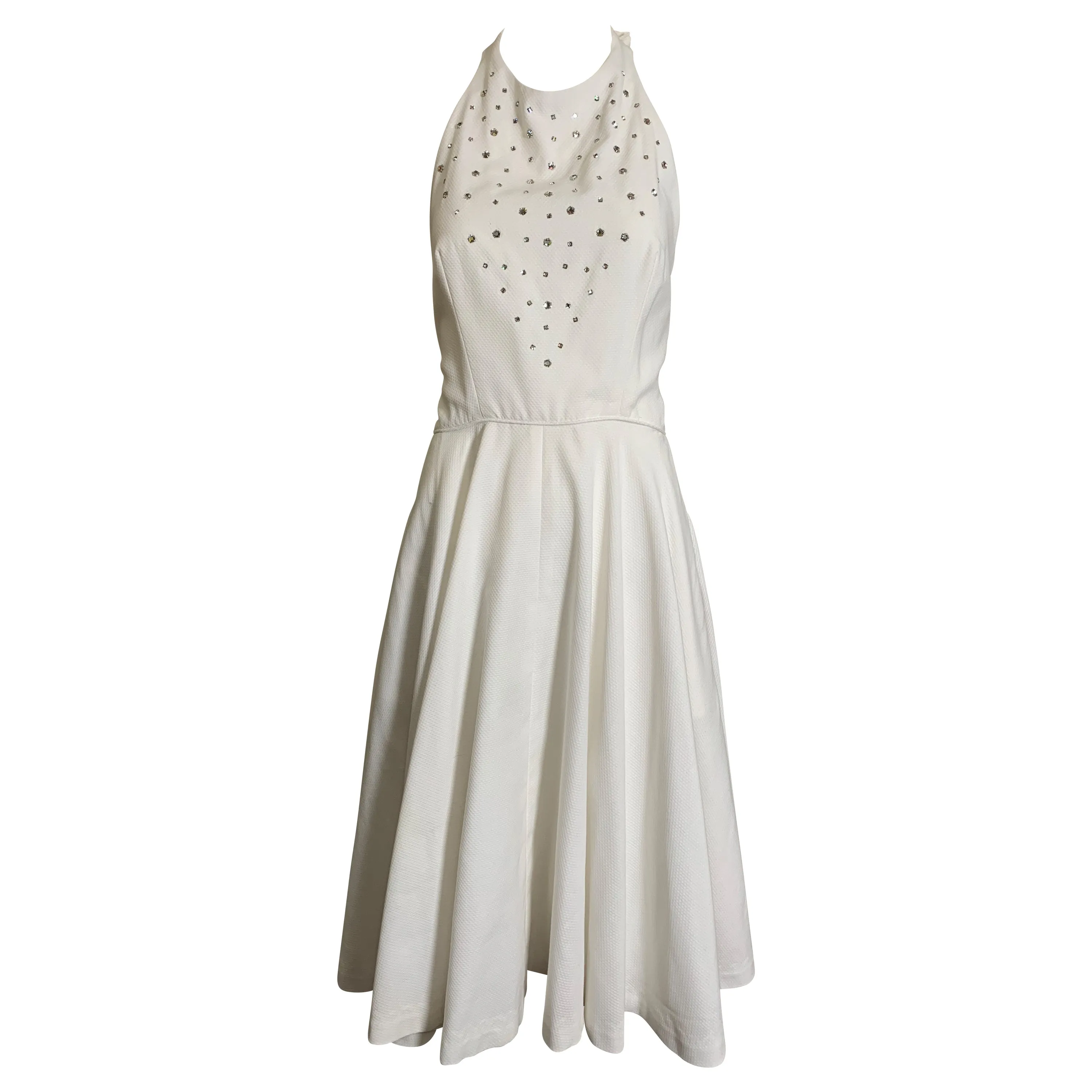 1980's White Pique Halter Party Dress w/ Rhinestones