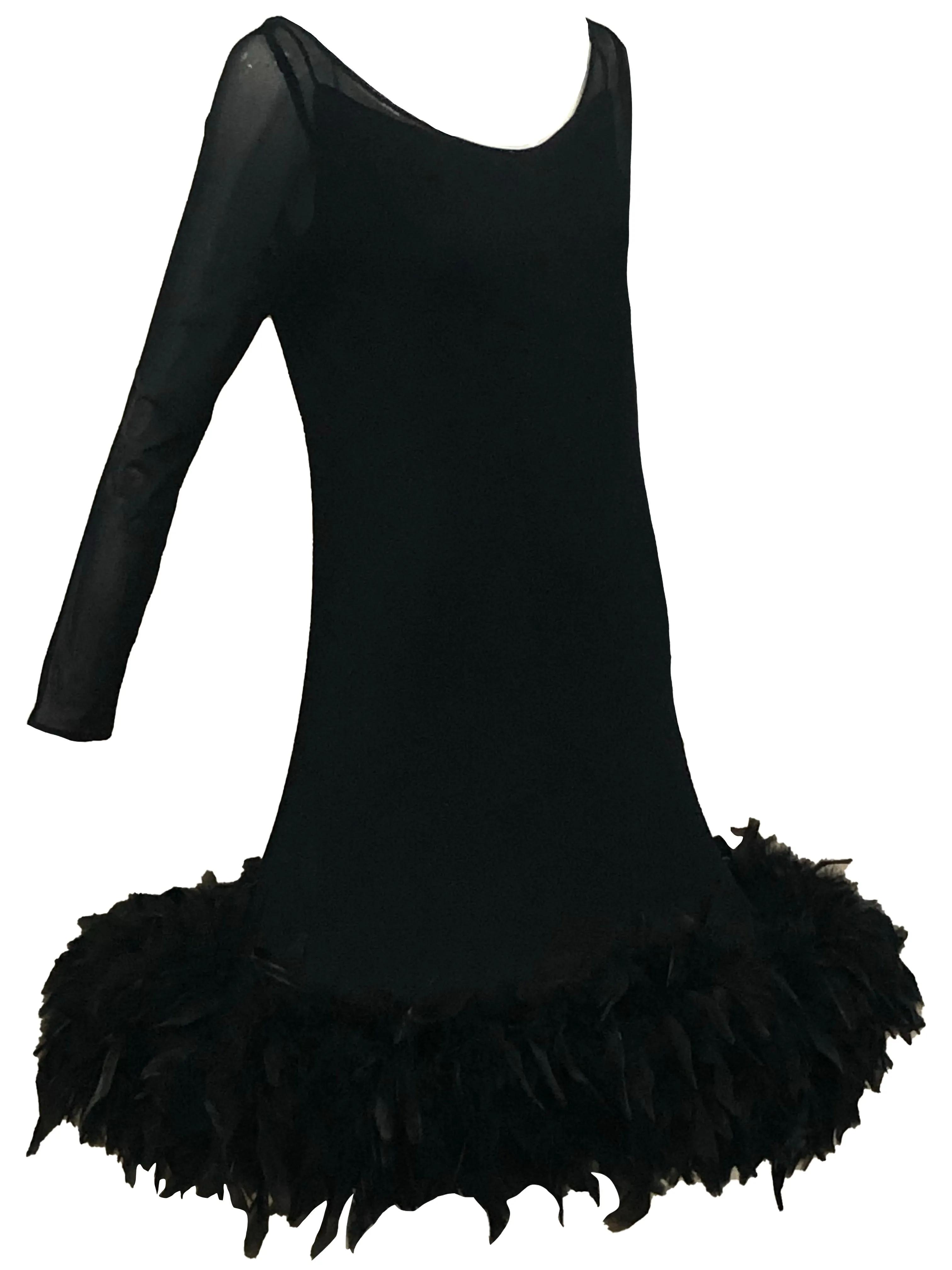 1994 Pierre Cardin Haute Couture Unlabelled Black Mesh Dress with Feathers