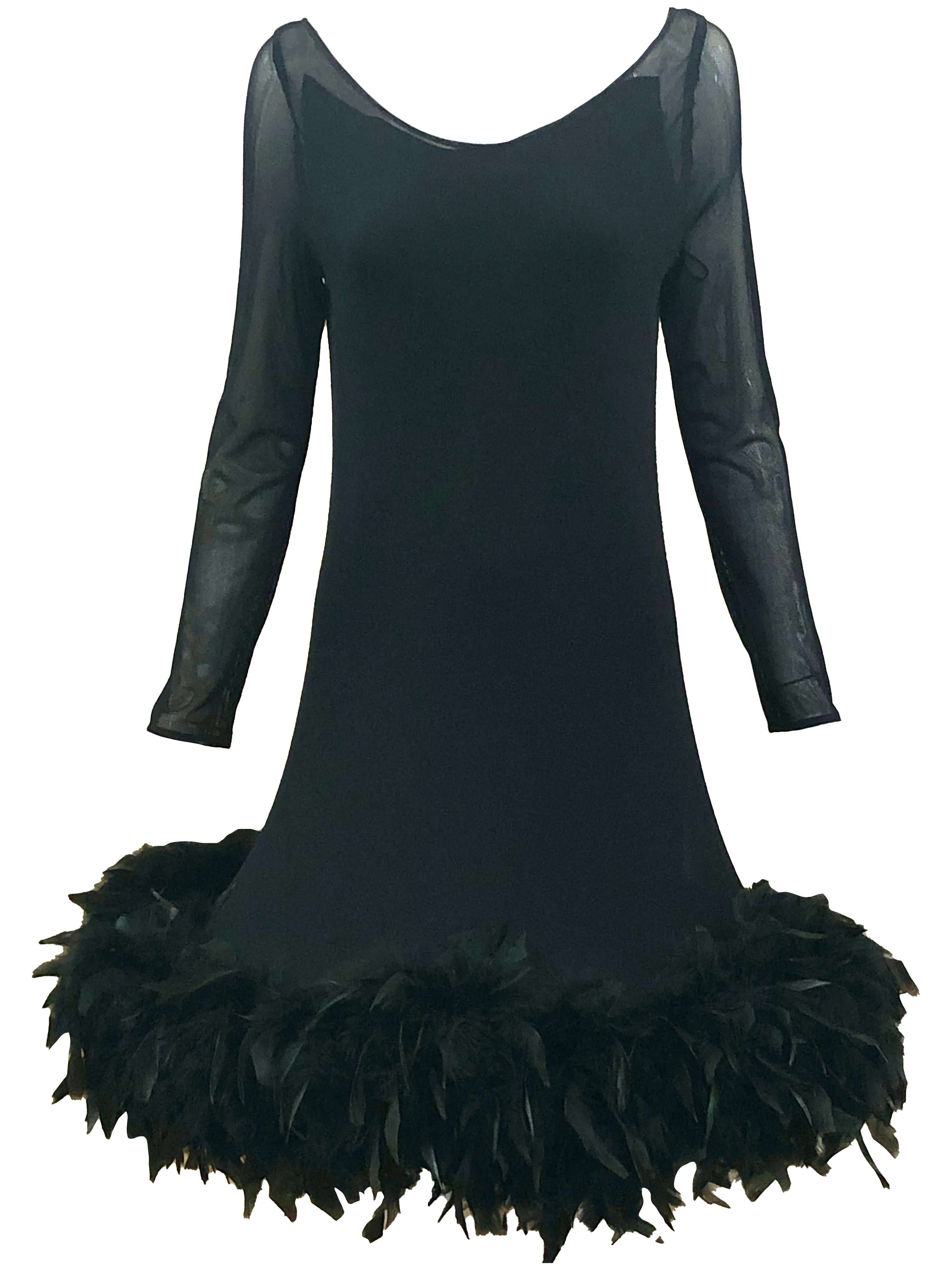 1994 Pierre Cardin Haute Couture Unlabelled Black Mesh Dress with Feathers