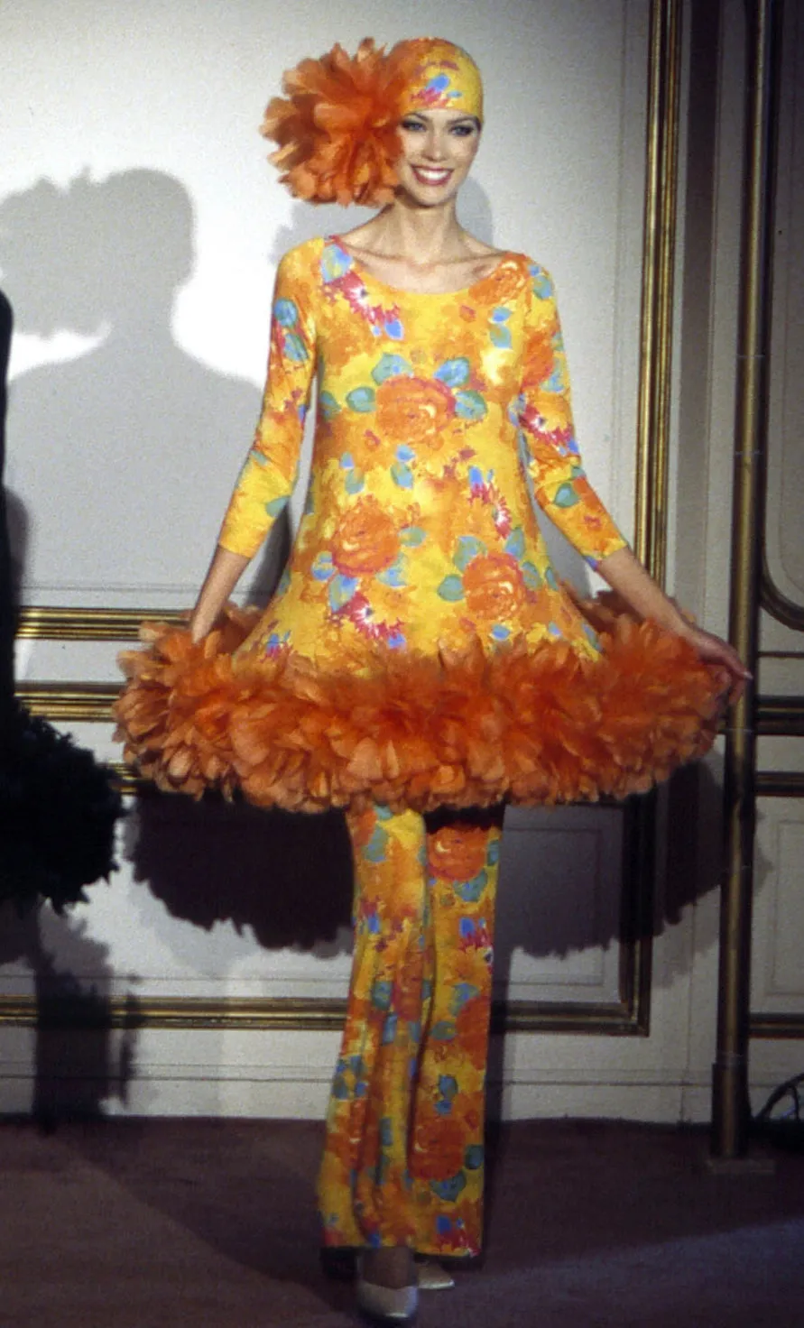1994 Pierre Cardin Haute Couture Unlabelled Black Mesh Dress with Feathers