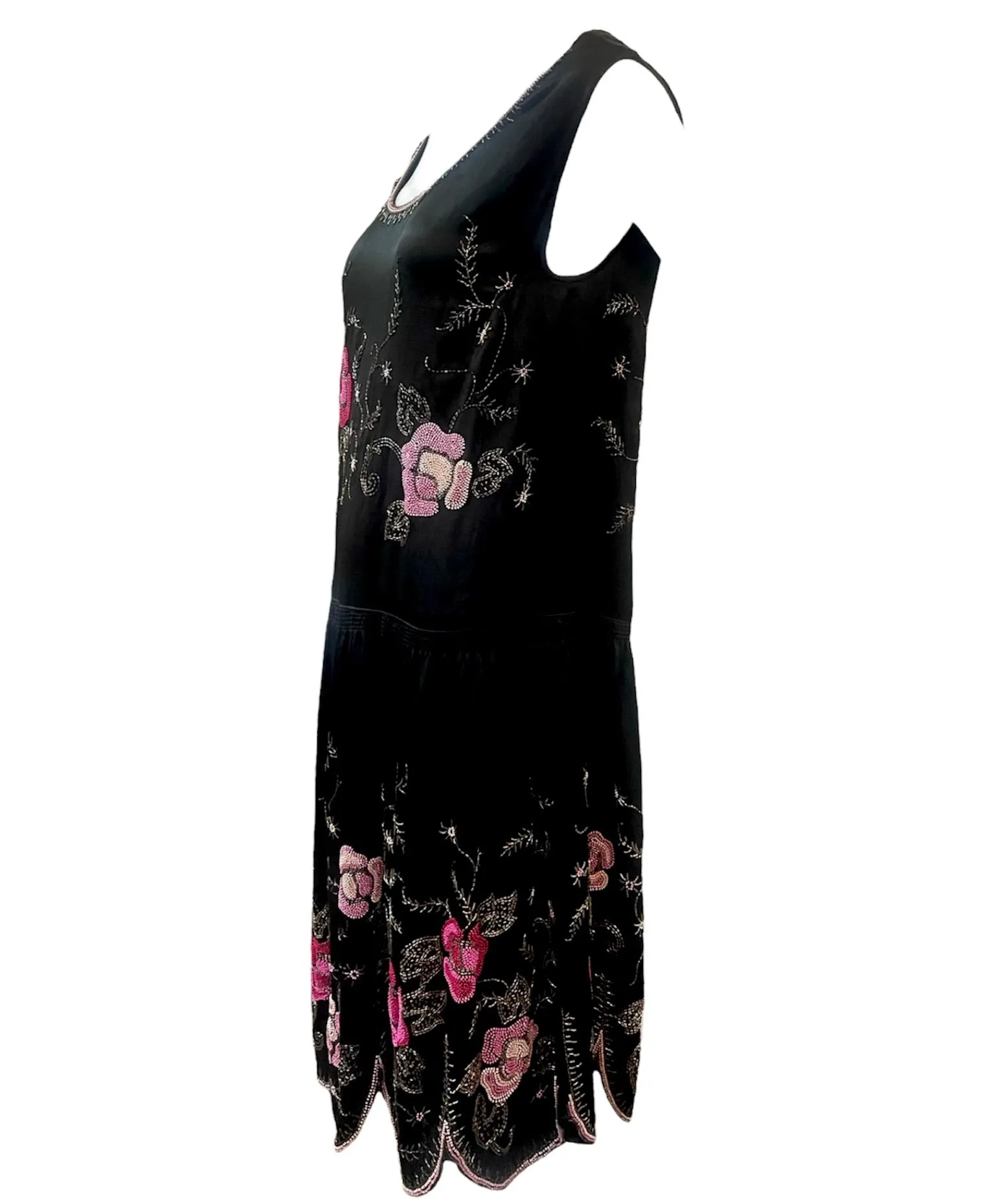 20s Satin Floral Beaded Dress with Scallop Hem