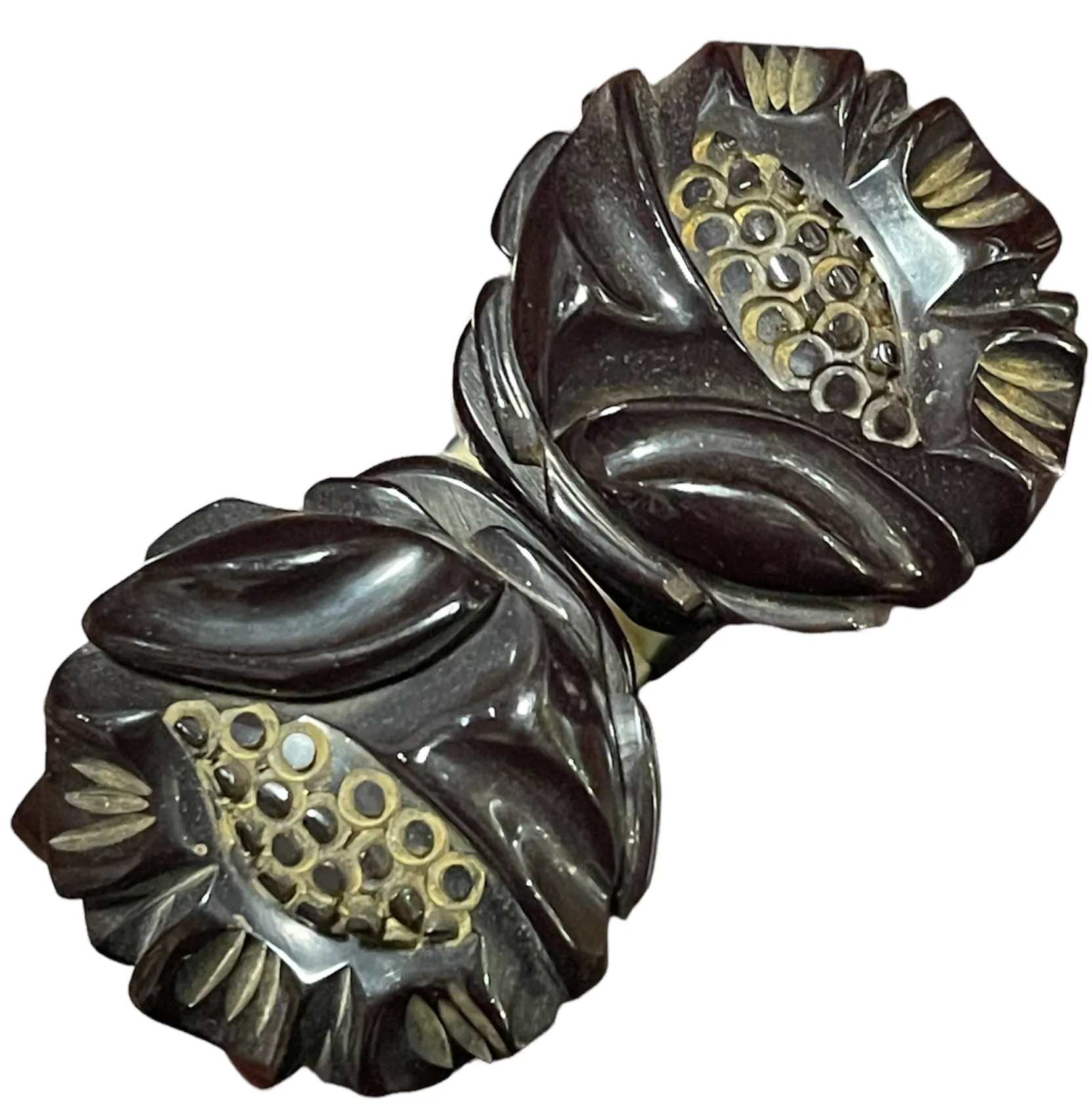 40s Black Bakelite Clamper Bracelet with Deep Carved Flowers