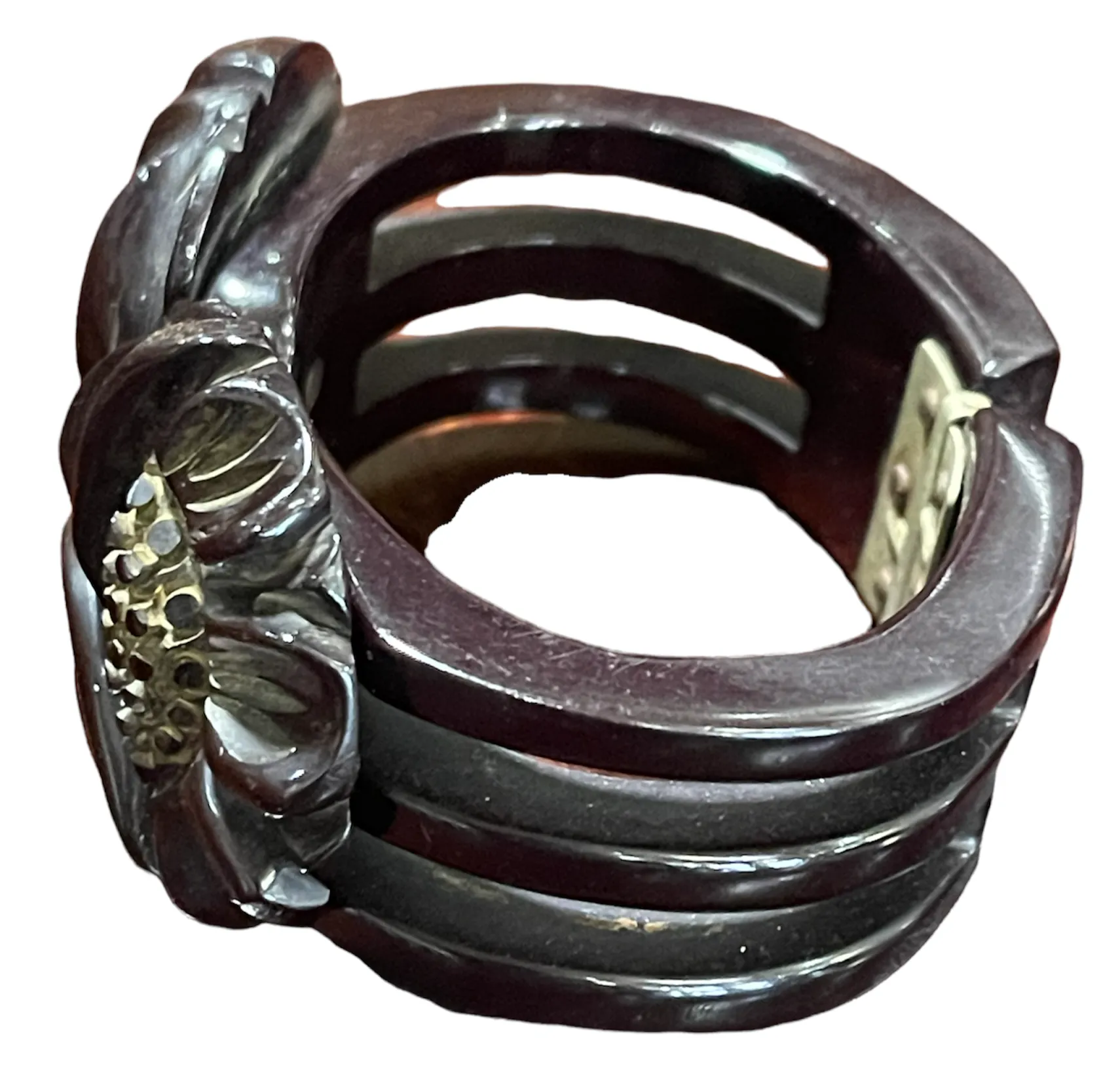 40s Black Bakelite Clamper Bracelet with Deep Carved Flowers