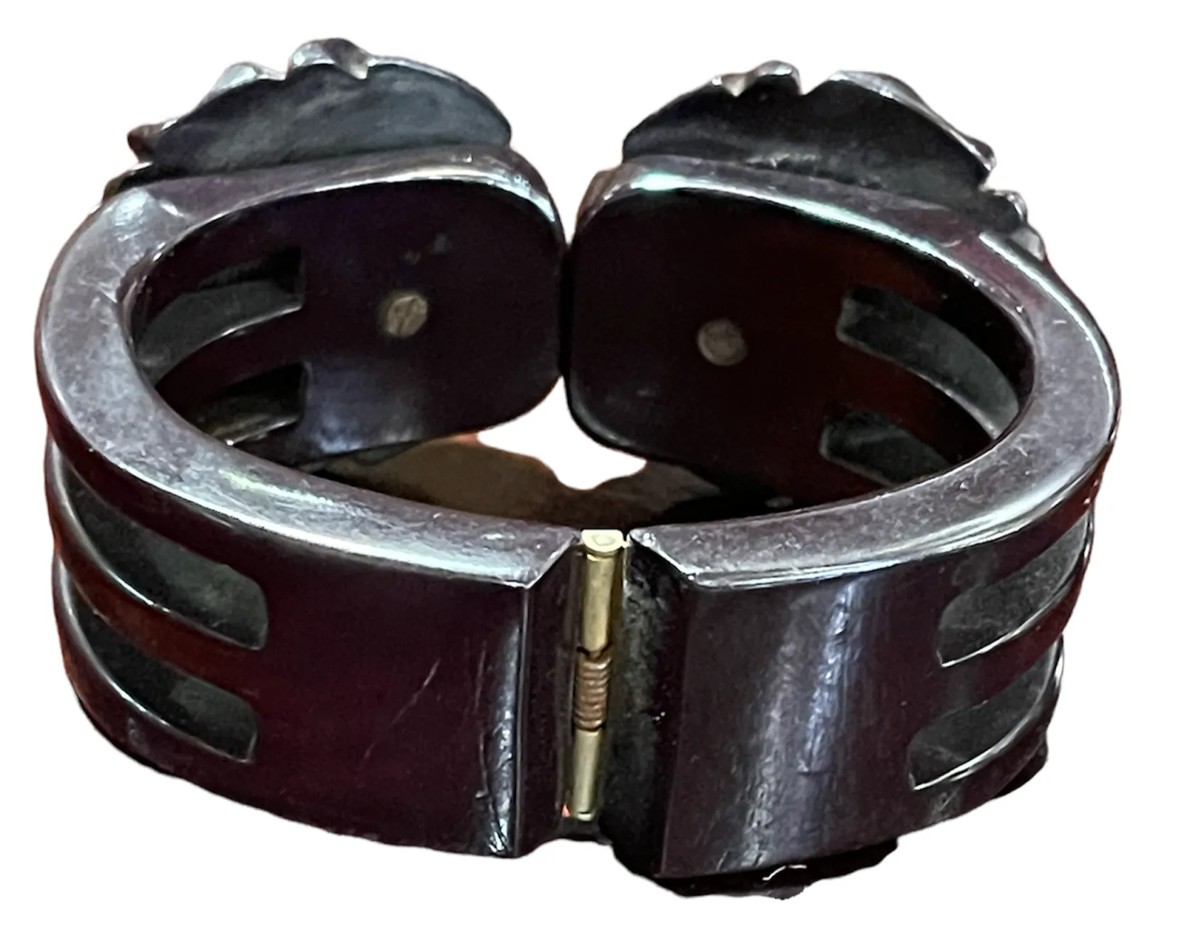 40s Black Bakelite Clamper Bracelet with Deep Carved Flowers