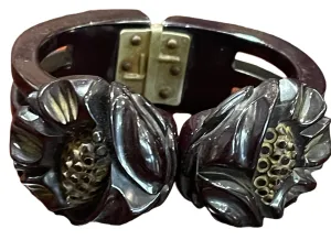 40s Black Bakelite Clamper Bracelet with Deep Carved Flowers