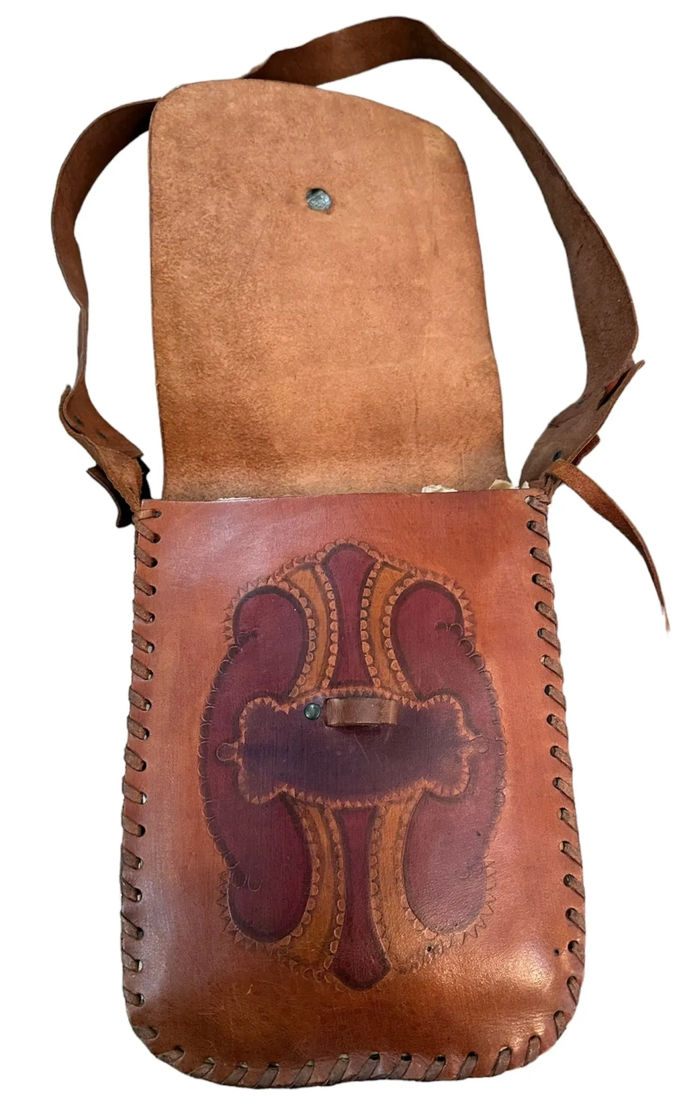 60s Hand Tooled Brown Leather Hippie Handbag with Whip-Stitching