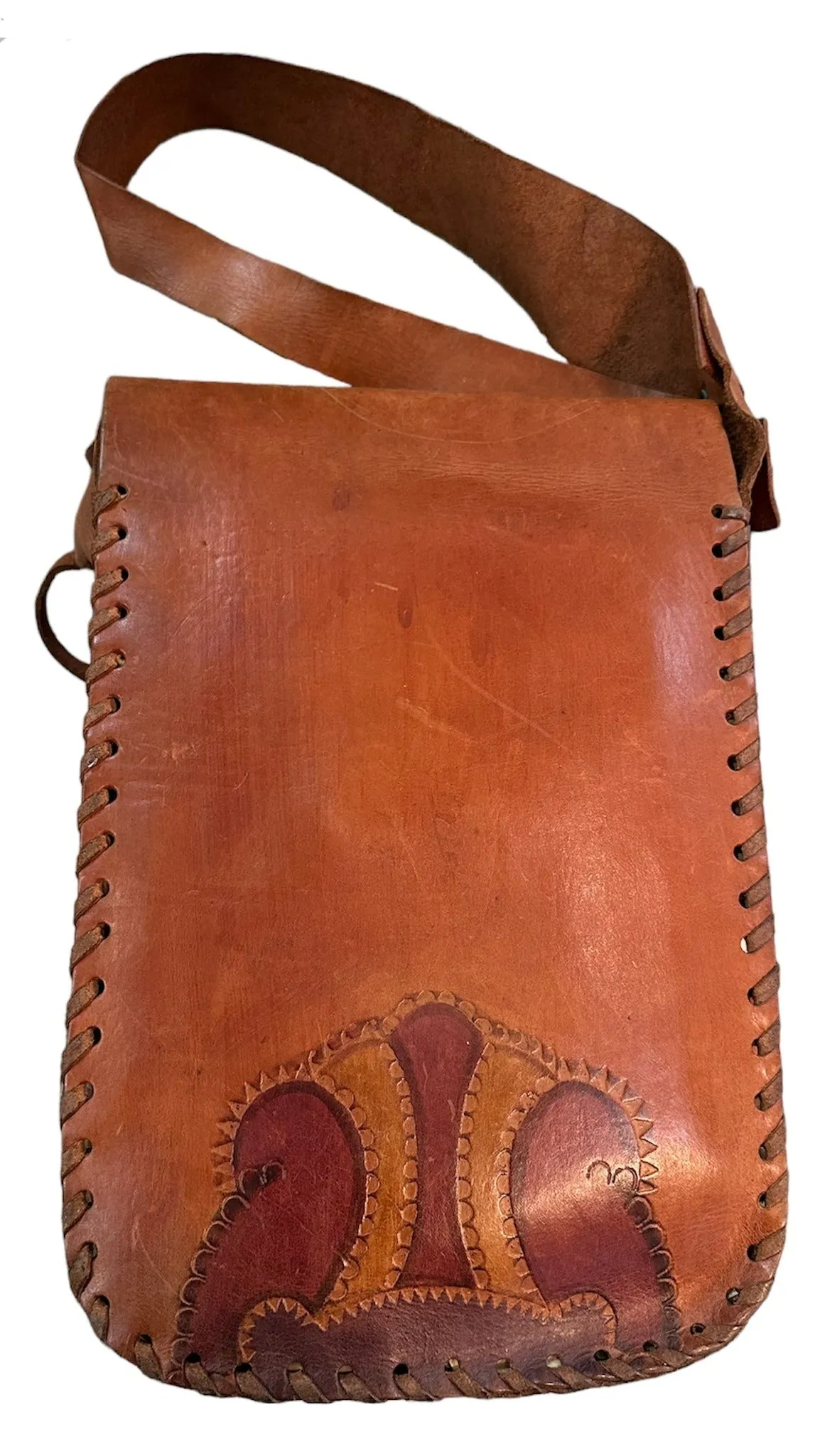 60s Hand Tooled Brown Leather Hippie Handbag with Whip-Stitching