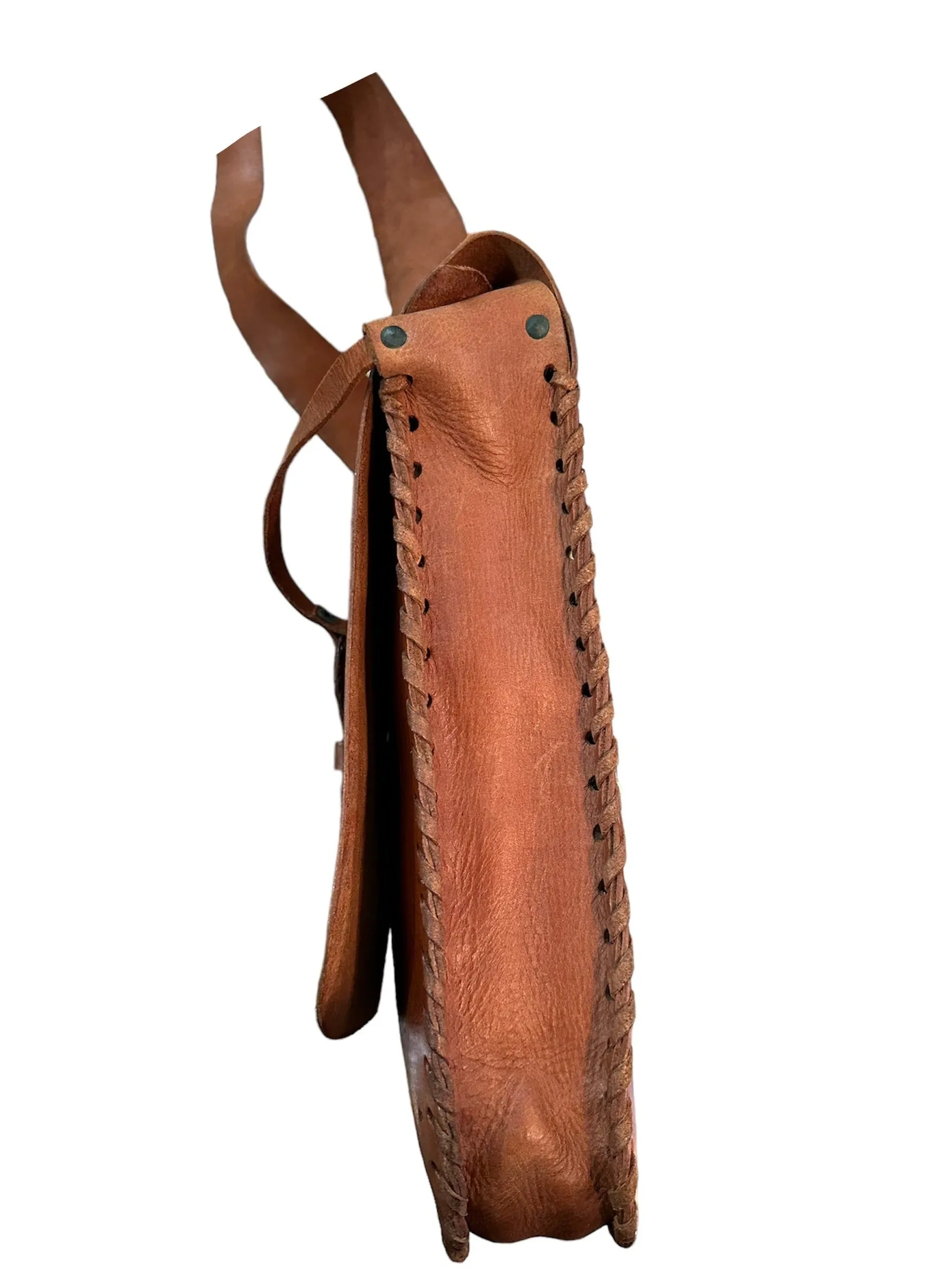 60s Hand Tooled Brown Leather Hippie Handbag with Whip-Stitching