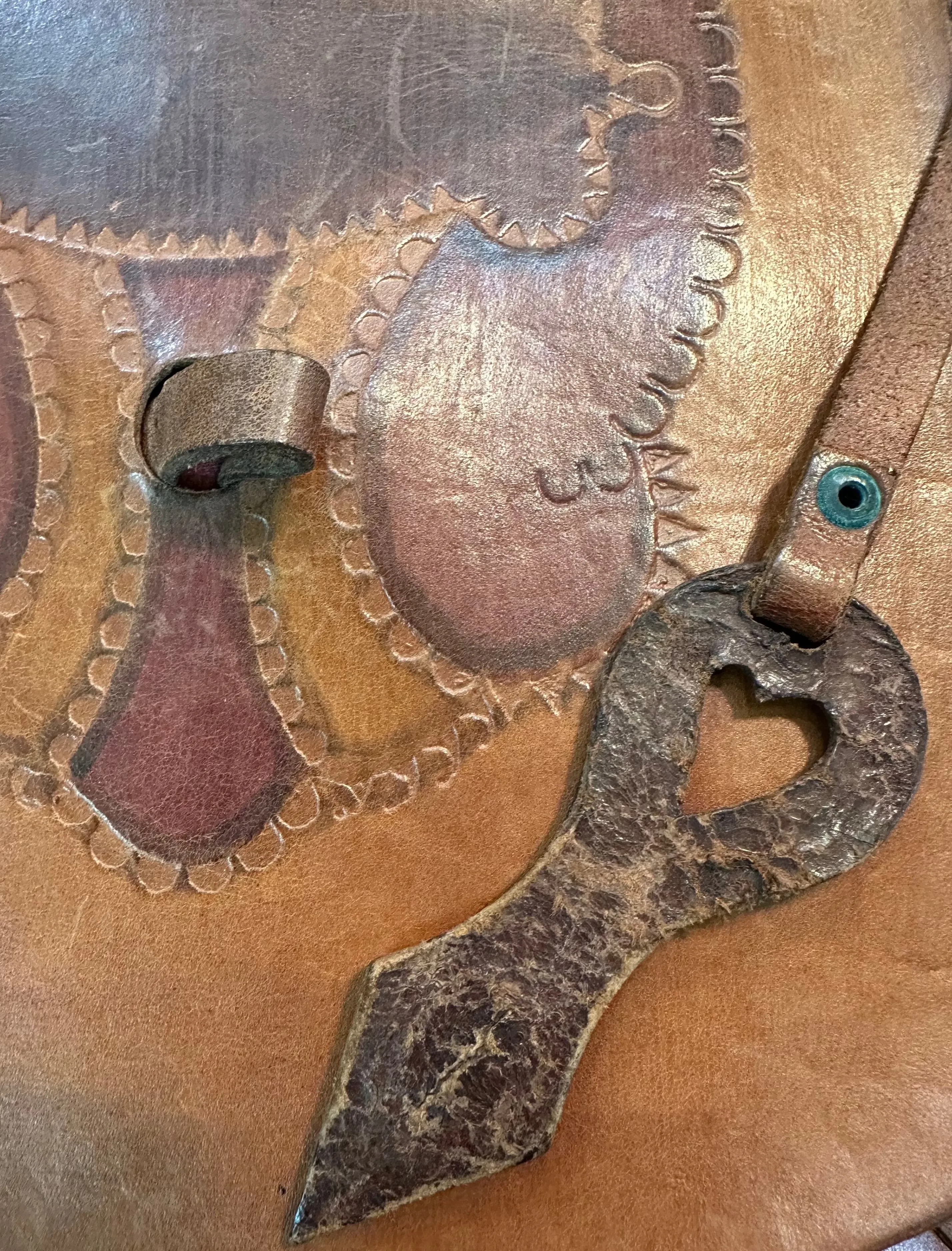 60s Hand Tooled Brown Leather Hippie Handbag with Whip-Stitching