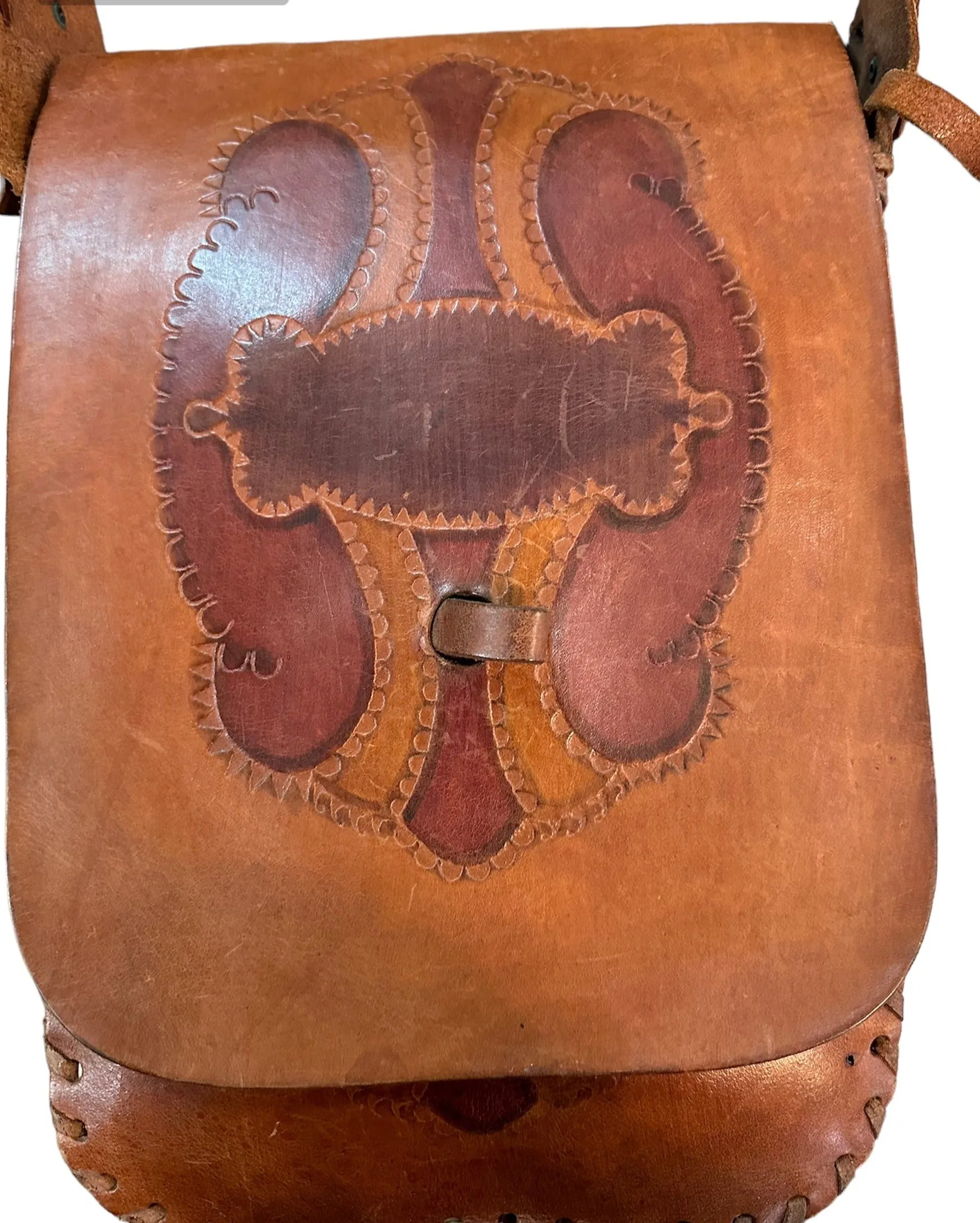 60s Hand Tooled Brown Leather Hippie Handbag with Whip-Stitching