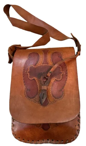 60s Hand Tooled Brown Leather Hippie Handbag with Whip-Stitching