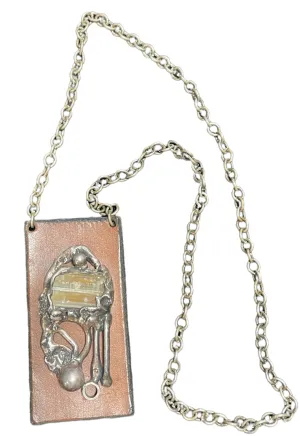 60s Hippie Chain Necklace with Leather Brutalist Pendant