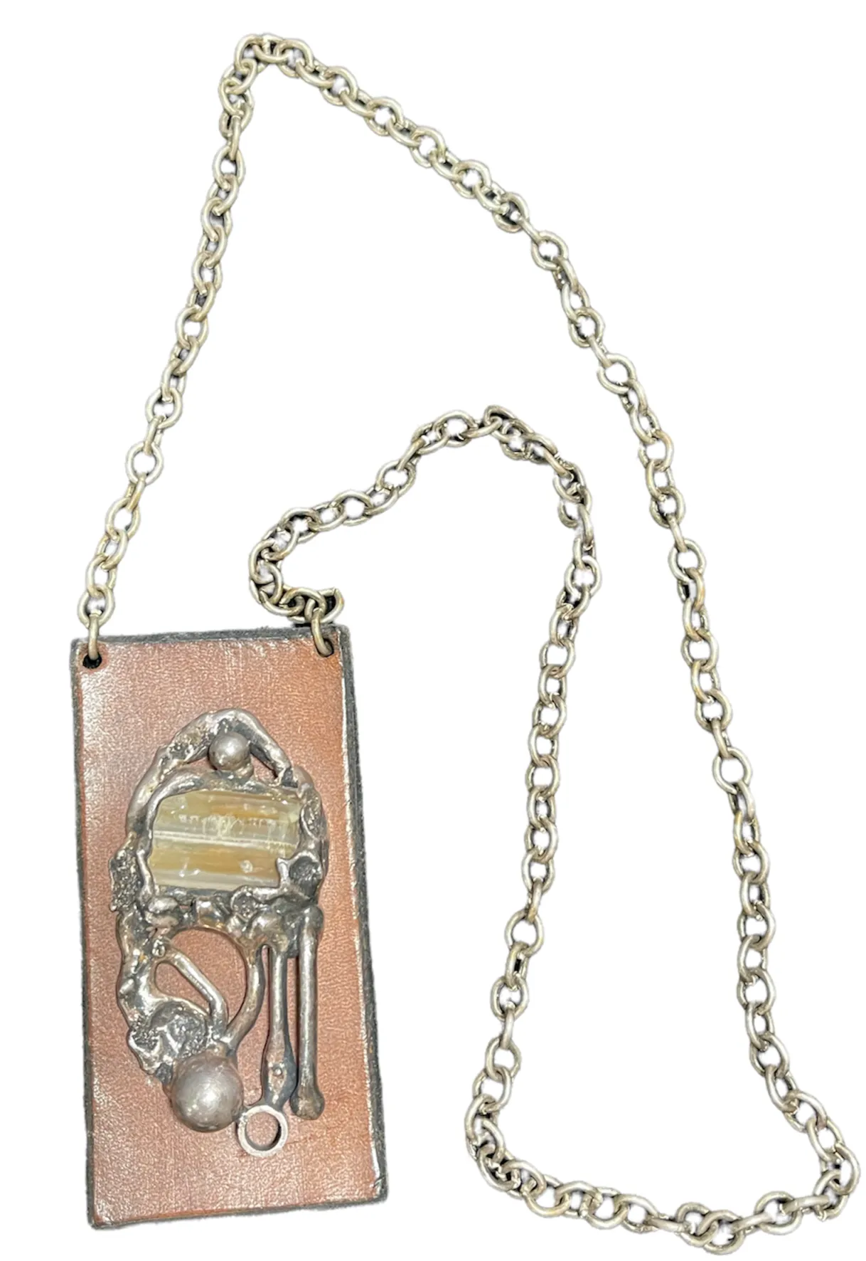 60s Hippie Chain Necklace with Leather Brutalist Pendant