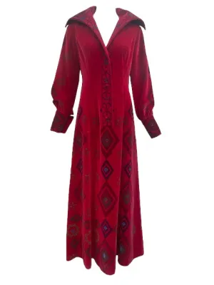 60s Magical  Red Velvet Stenciled Maxi Dress