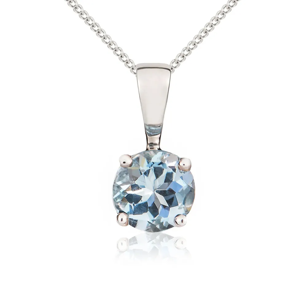 9ct White Gold Aquamarine 5mm Round Claw Set Necklace