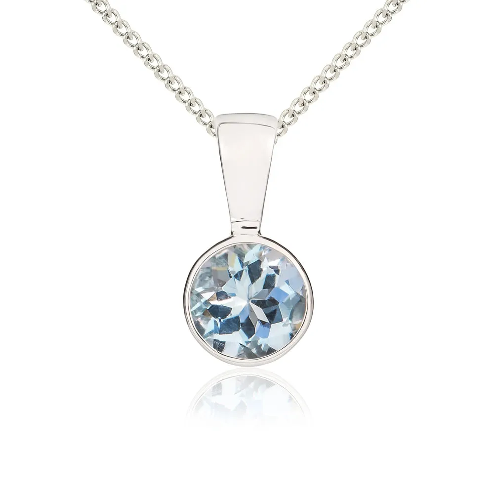 9ct White Gold Aquamarine 5mm Round Rub Over Set Necklace