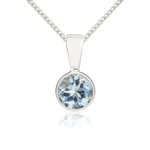 9ct White Gold Aquamarine 5mm Round Rub Over Set Necklace