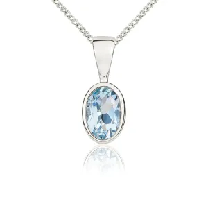 9ct White Gold Aquamarine 6x4mm Oval Rub Over Set Pendant
