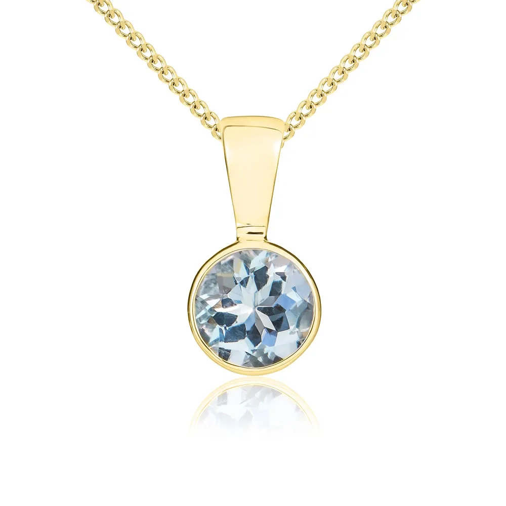 9ct Yellow Gold Aquamarine 5mm Round Rub Over Set Necklace
