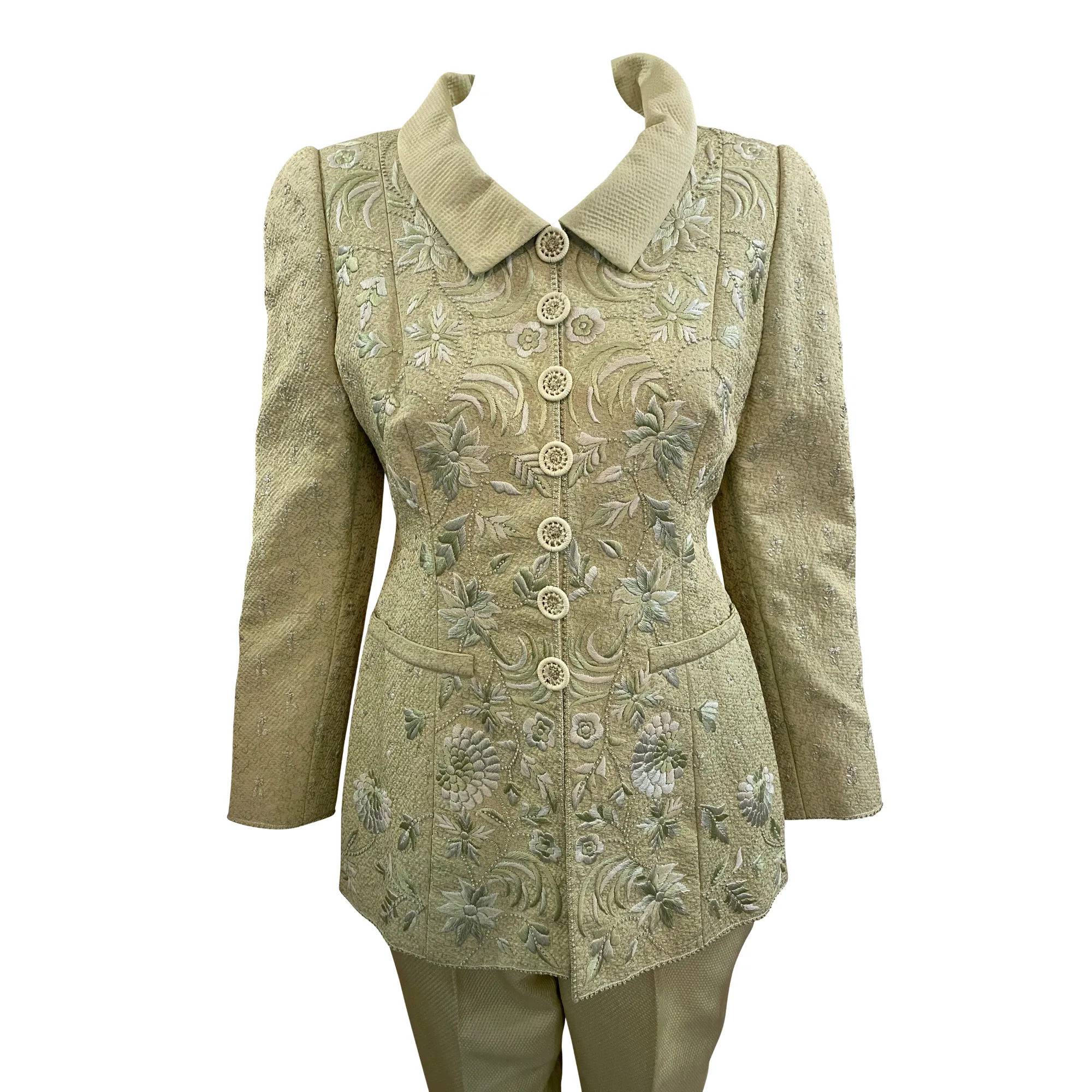Balmain 2000s Haute Couture Mint Green Suit with Embroidery