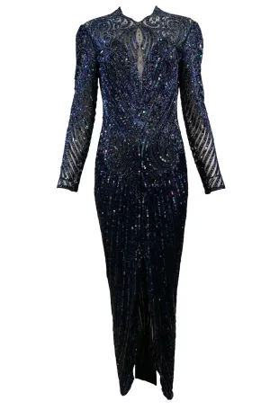 Bob Mackie 80s Midnight Blue Iridescent Bugle Bead and Sequin Gown