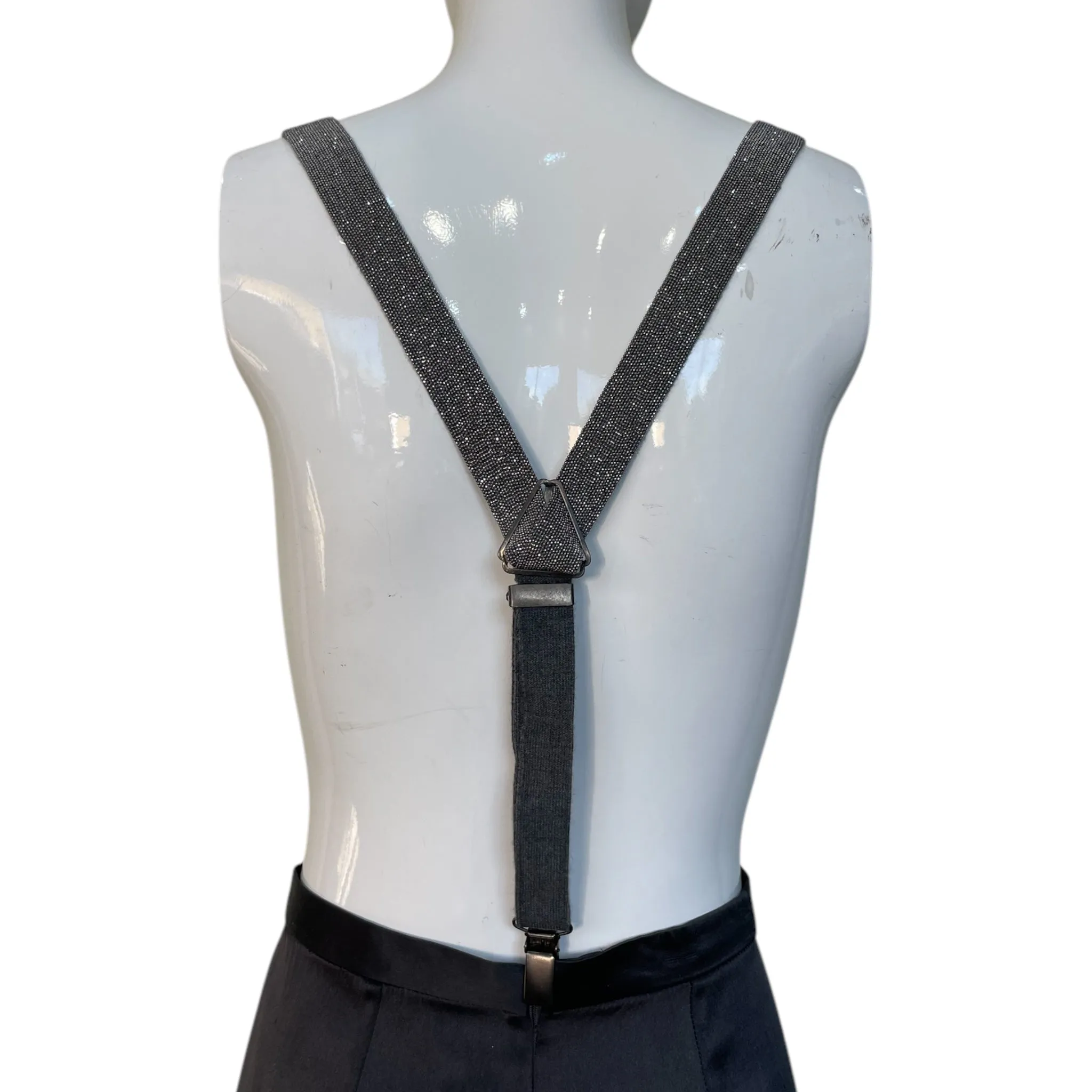 Brunello Cucinelli 2000's Sparkling Silver Beaded Cashmere Suspenders, New/Old
