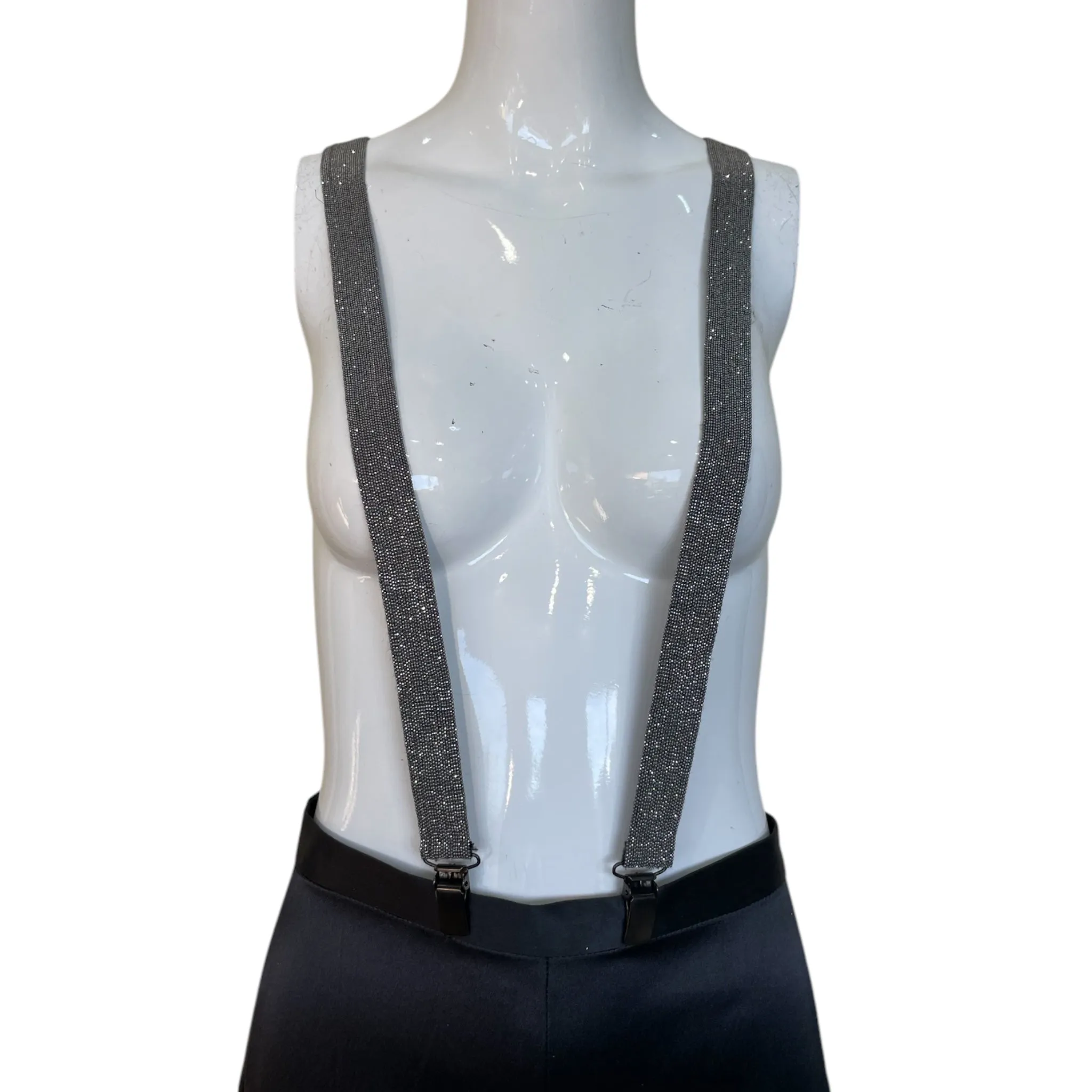 Brunello Cucinelli 2000's Sparkling Silver Beaded Cashmere Suspenders, New/Old
