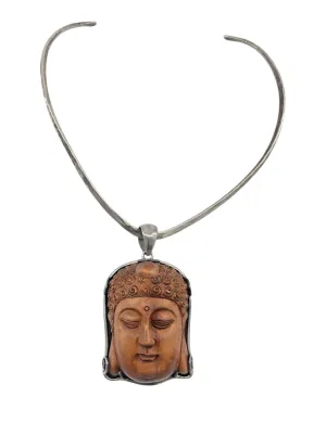 Carved Wooden Buddha Sterling Silver Pendant Necklace