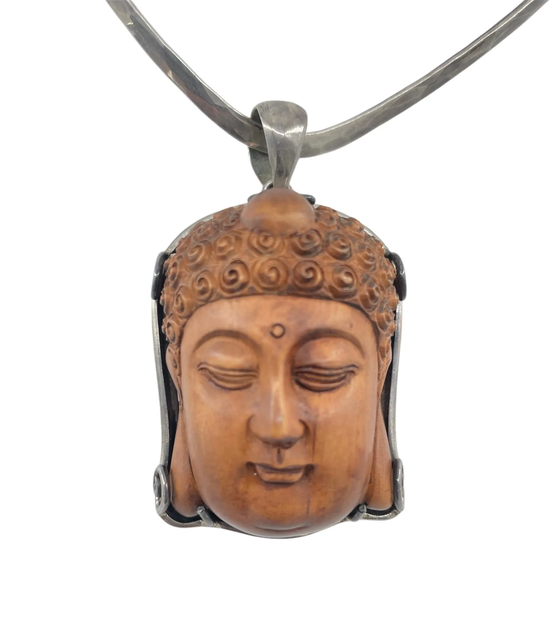 Carved Wooden Buddha Sterling Silver Pendant Necklace
