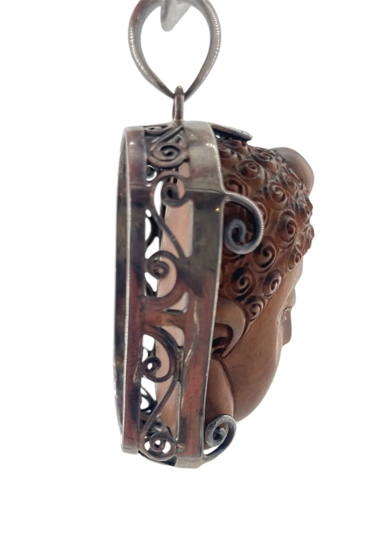 Carved Wooden Buddha Sterling Silver Pendant Necklace