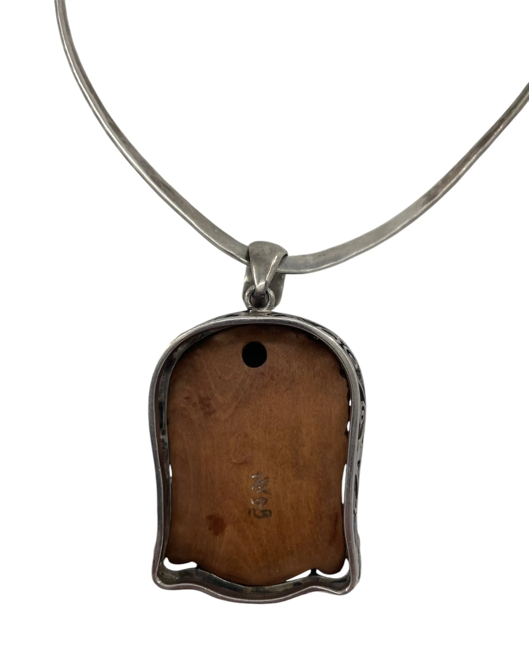 Carved Wooden Buddha Sterling Silver Pendant Necklace