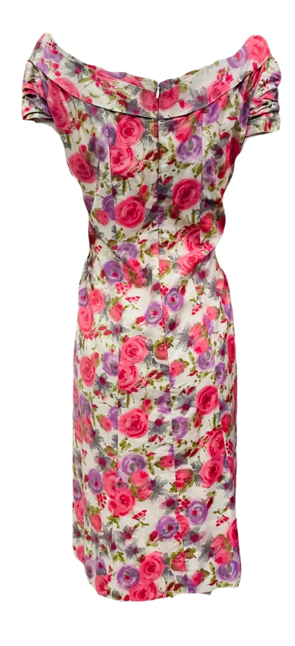 Ceil Chapman 1950s Floral Cotton Sexy Shirred Wiggle Dress