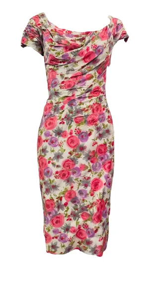 Ceil Chapman 1950s Floral Cotton Sexy Shirred Wiggle Dress