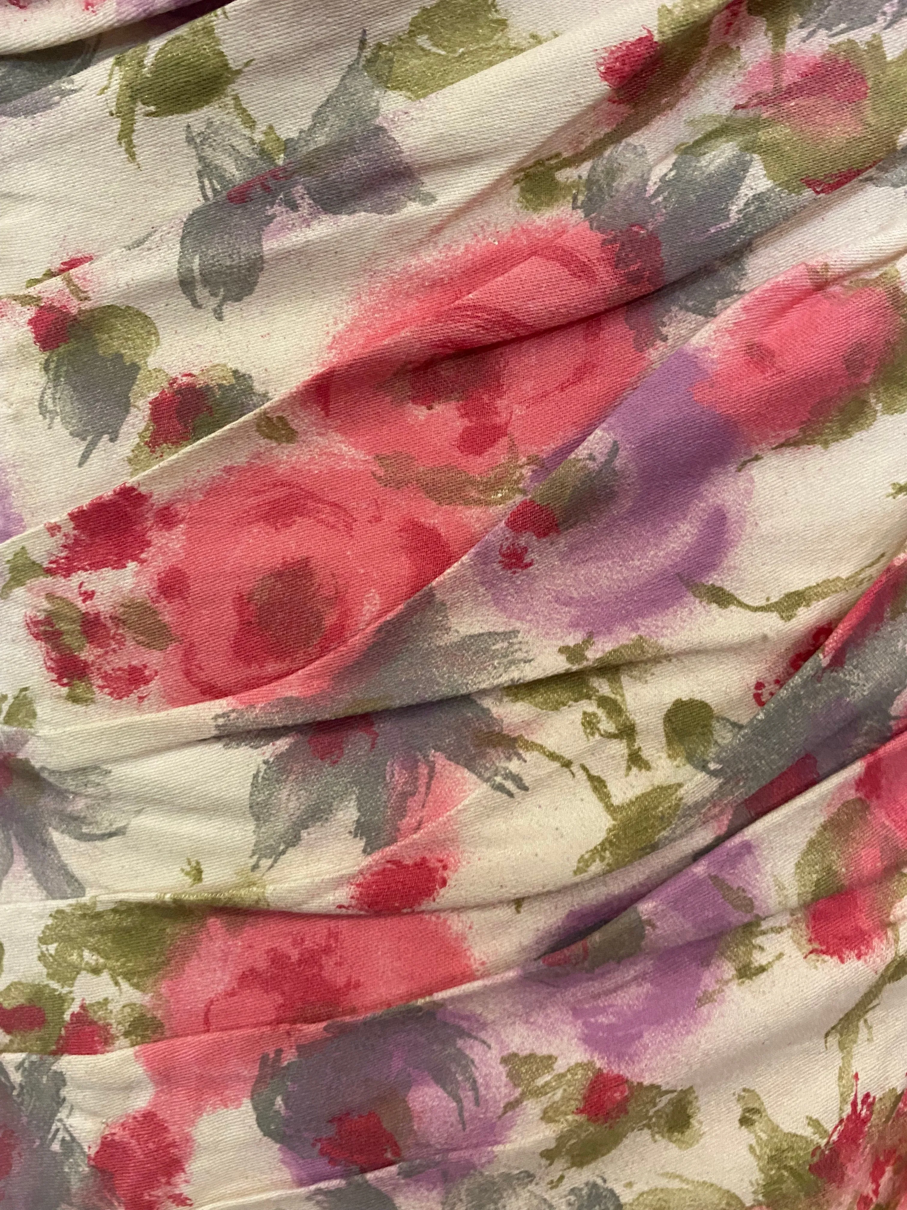 Ceil Chapman 1950s Floral Cotton Sexy Shirred Wiggle Dress