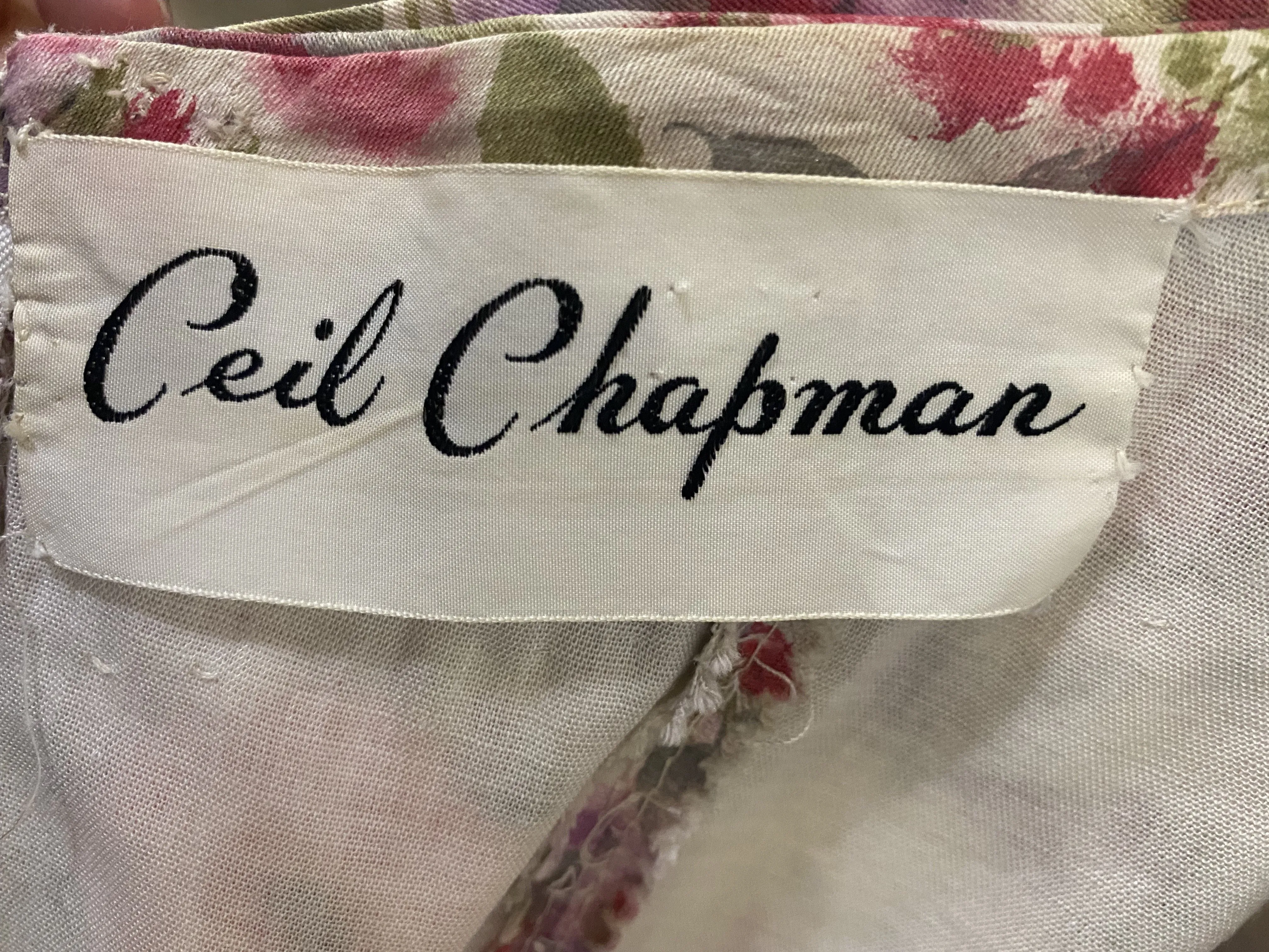 Ceil Chapman 1950s Floral Cotton Sexy Shirred Wiggle Dress