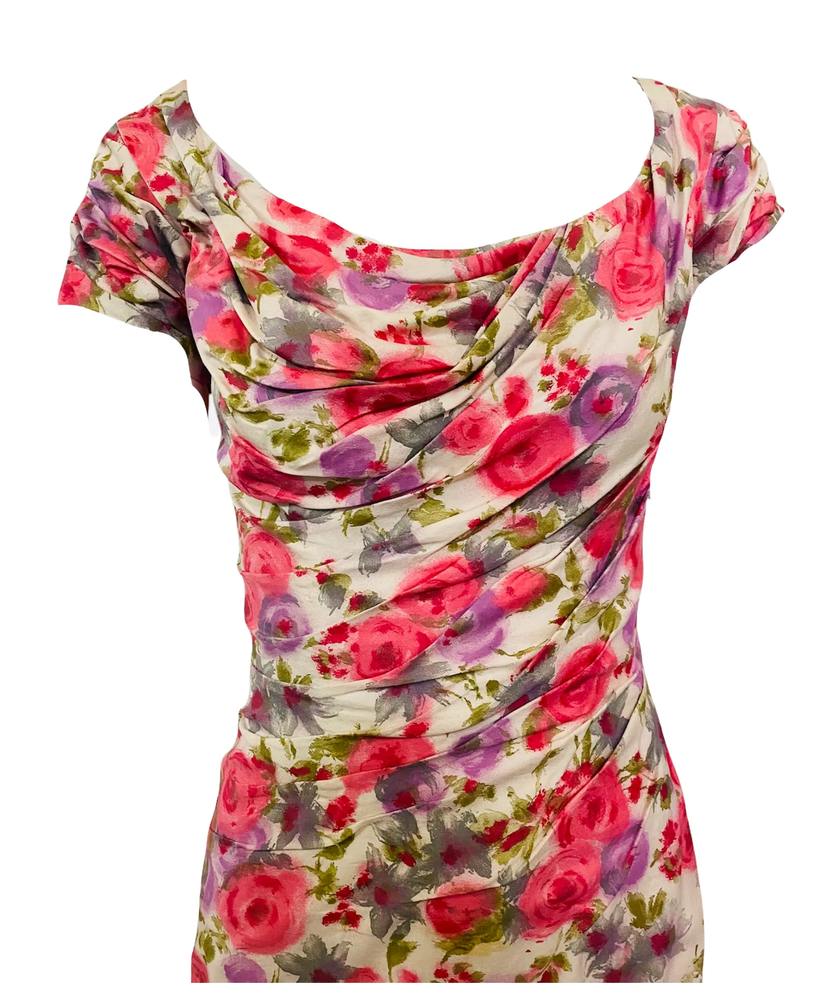 Ceil Chapman 1950s Floral Cotton Sexy Shirred Wiggle Dress