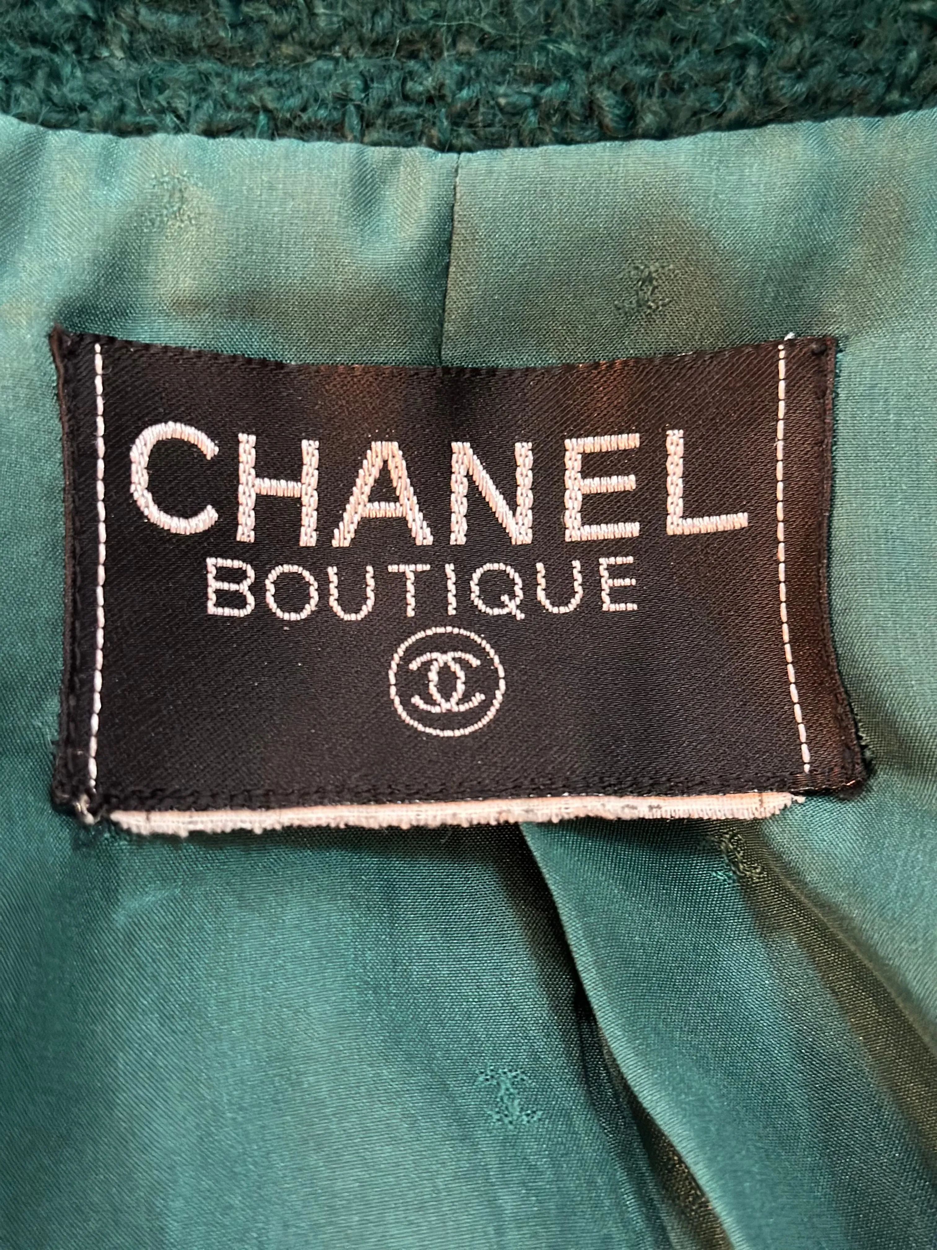 Chanel 90s Kelly Green Double-Breasted Nubby Wool Jacket with Logo Buttons