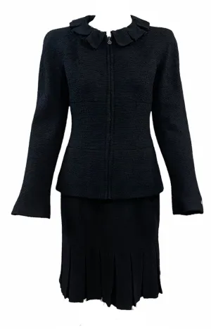 CHANEL Late 90s Black Boucle Zip-Front Suit w/Ruffle Neckline